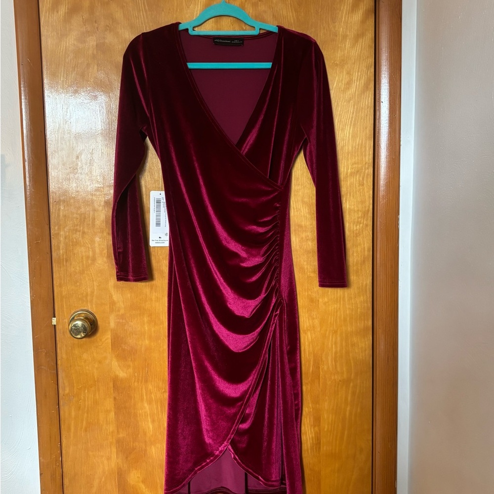 NWT Elegant Velvet Wrap Dress in Rich Burgundy
